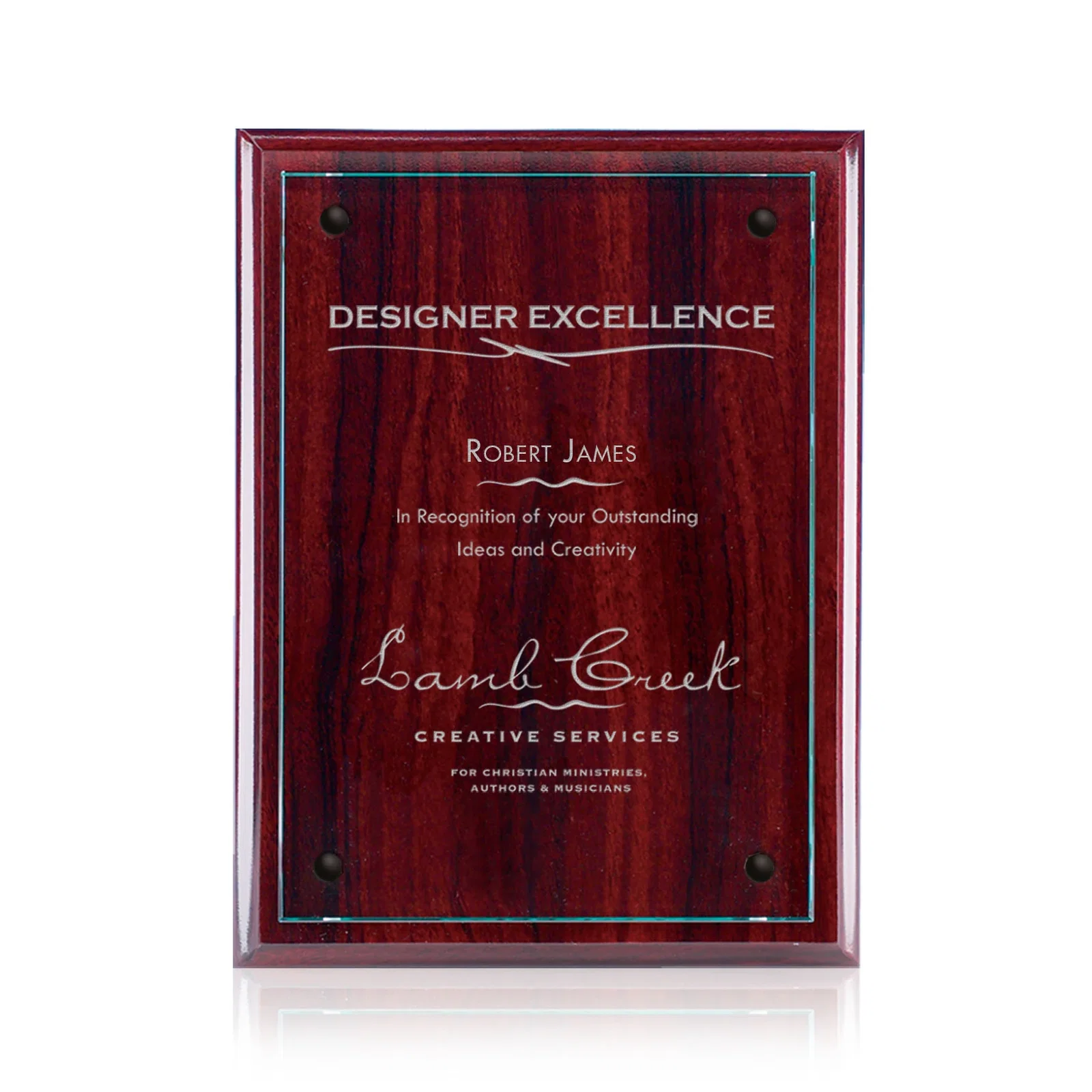 Custom Starfire Glass Wall Plaque on Black Wood Backing for dealer and partner awards