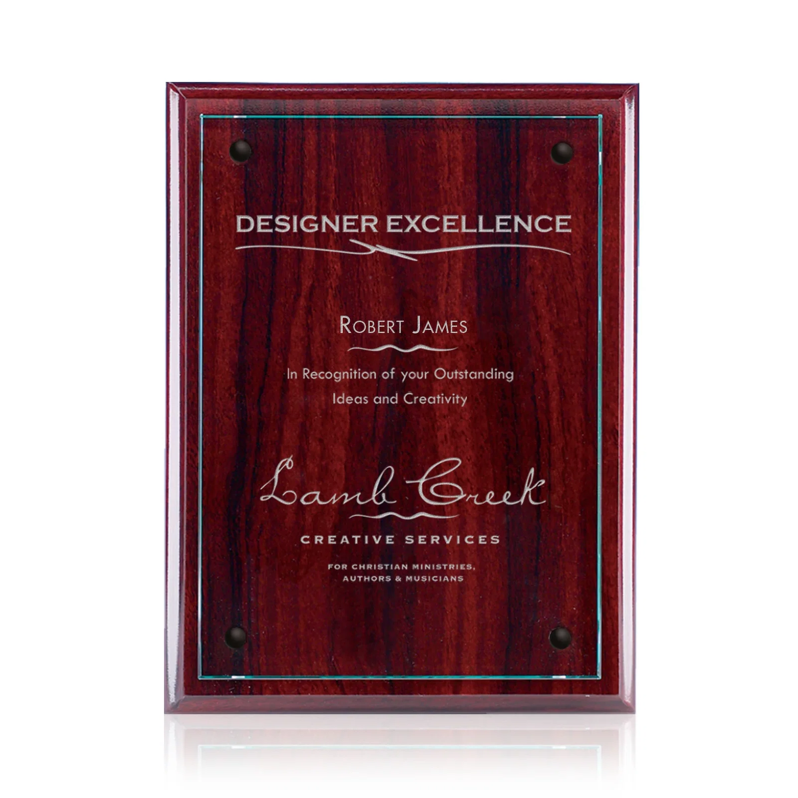 Custom Starfire Glass Wall Plaque on Black Wood Backing for company anniversary events