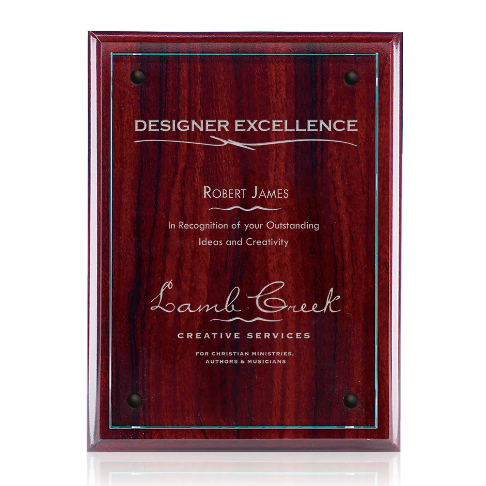 Personalized Starfire Glass Wall Plaque on Black Wood Backing for corporate award ceremonies