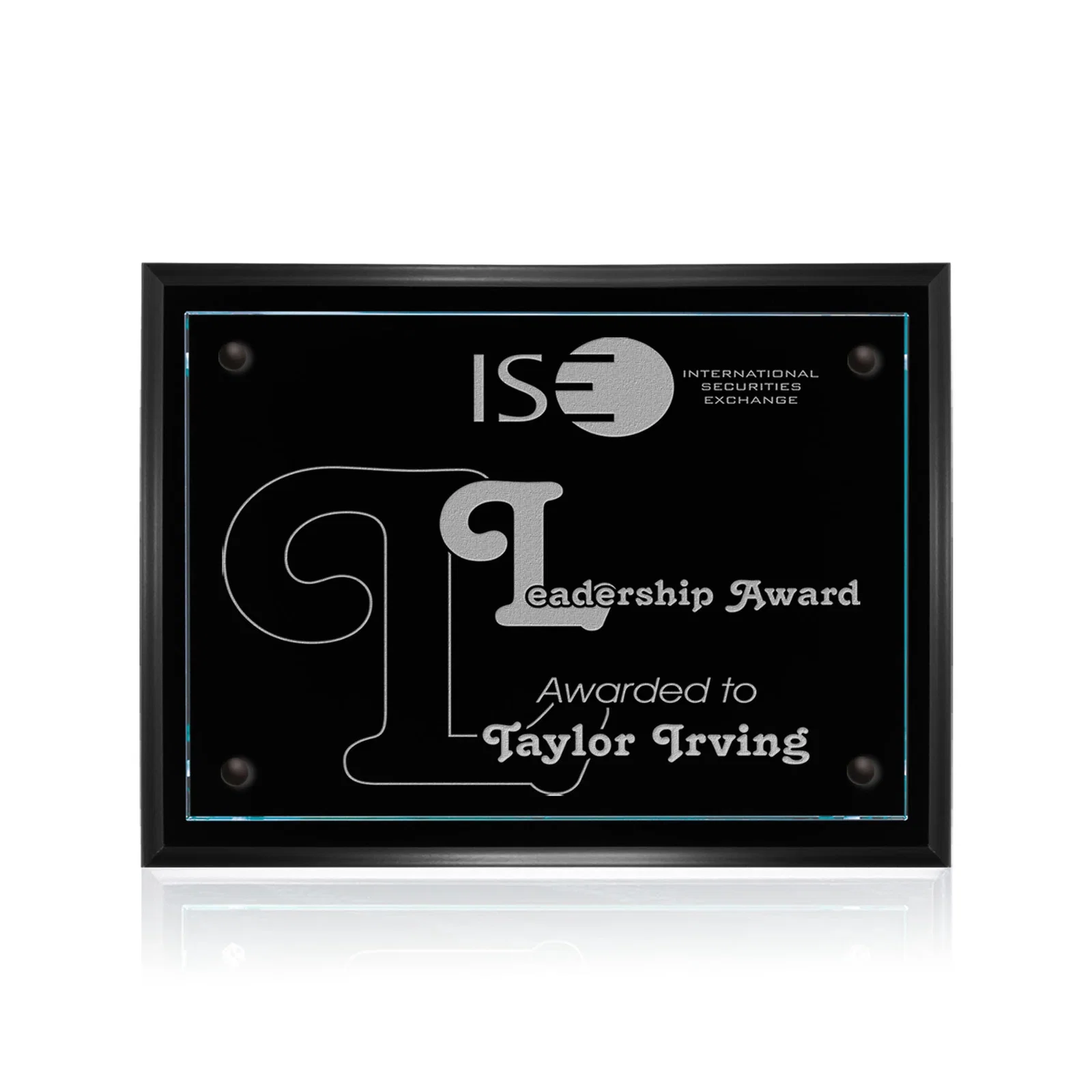 Custom Starfire Glass Wall Plaque on Black Wood Backing for corporate award ceremonies