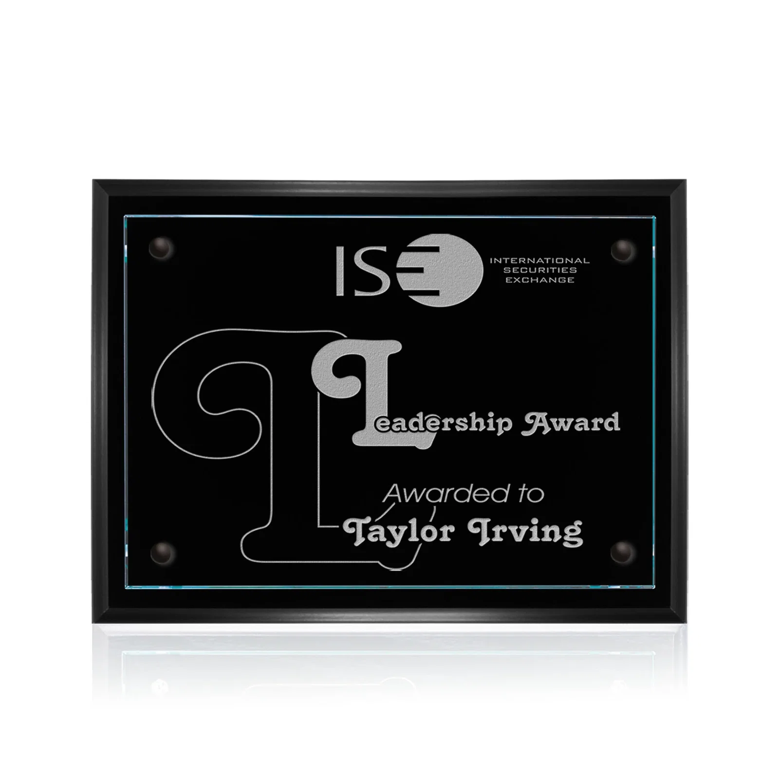 Custom Starfire Glass Wall Plaque on Black Wood Backing for service anniversary gifts