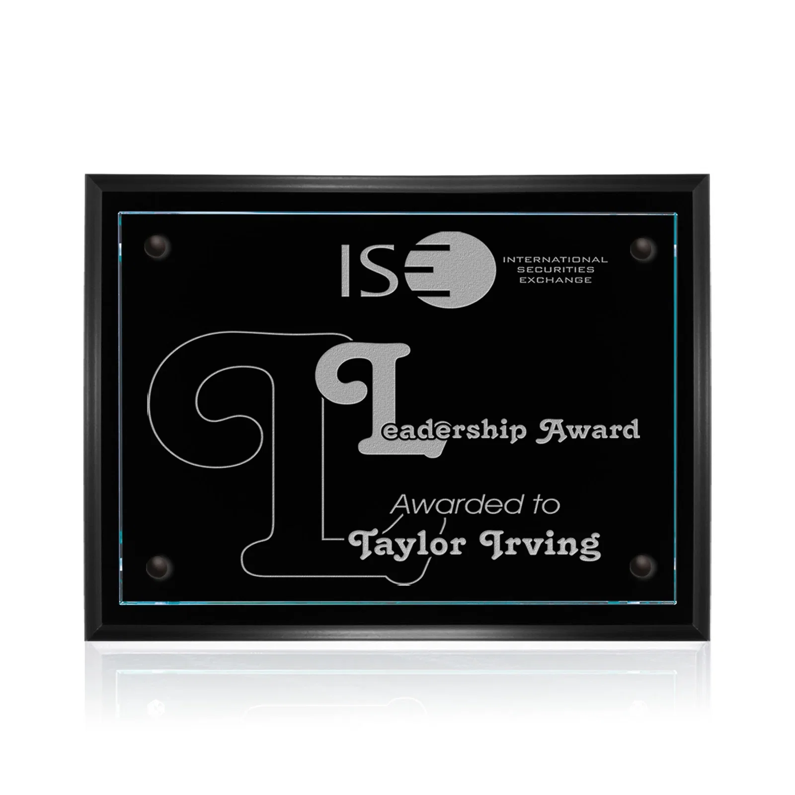 Custom Starfire Glass Wall Plaque on Black Wood Backing for sales achievement awards
