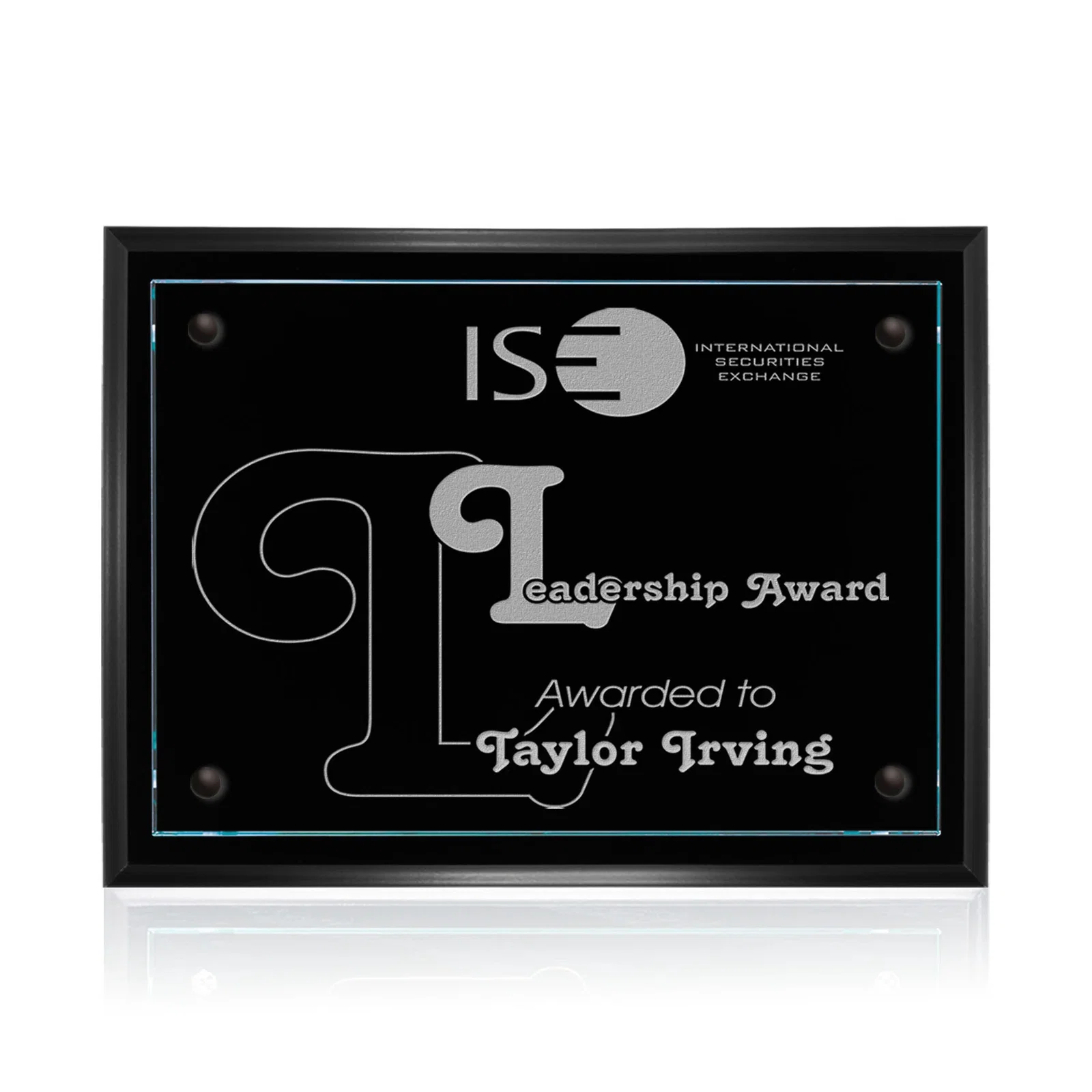 Custom Starfire Glass Wall Plaque on Black Wood Backing for retirement presentations