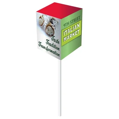 Flag tag attached to the sucker stick above the wrapper