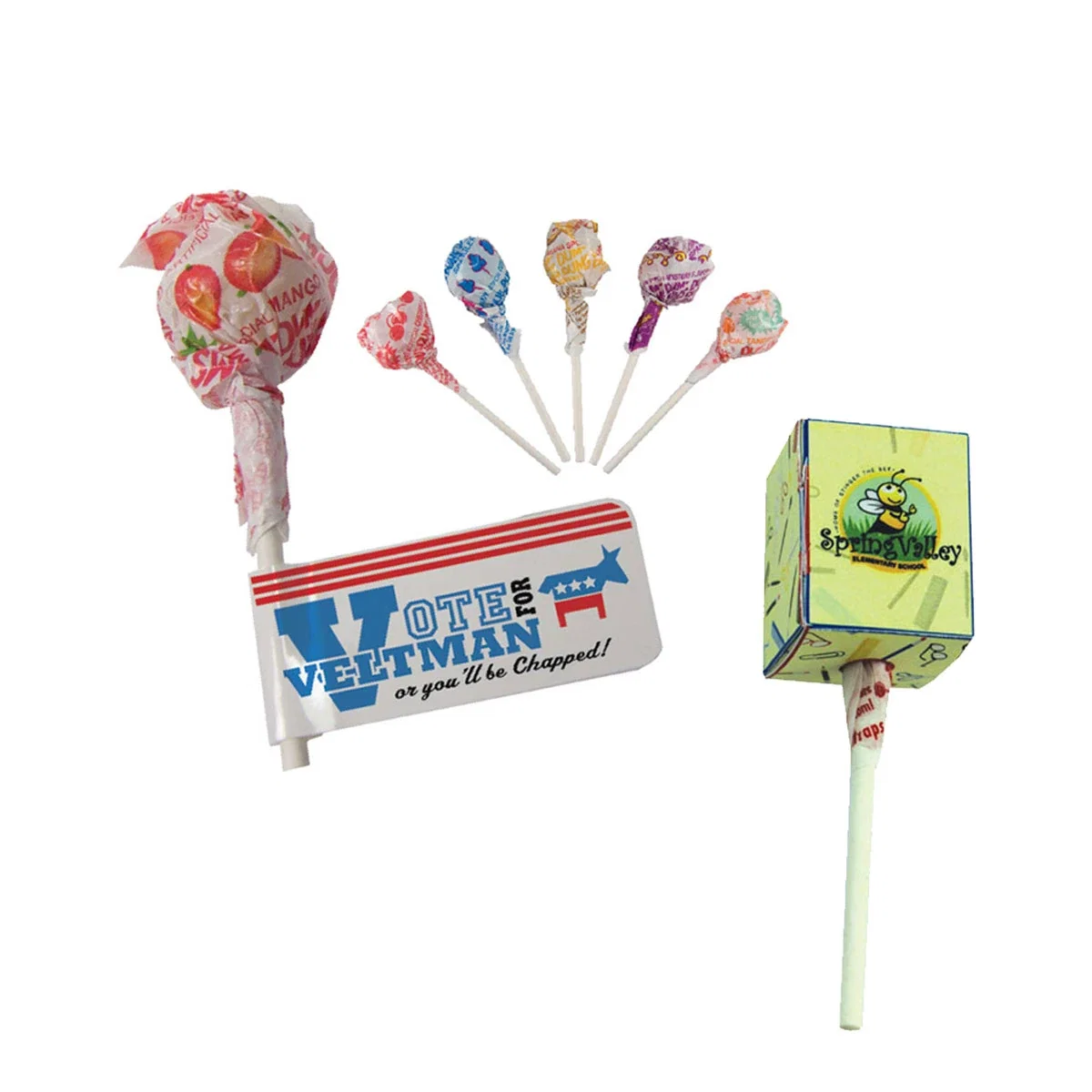 Four-color carton holding one wrapped lollipop