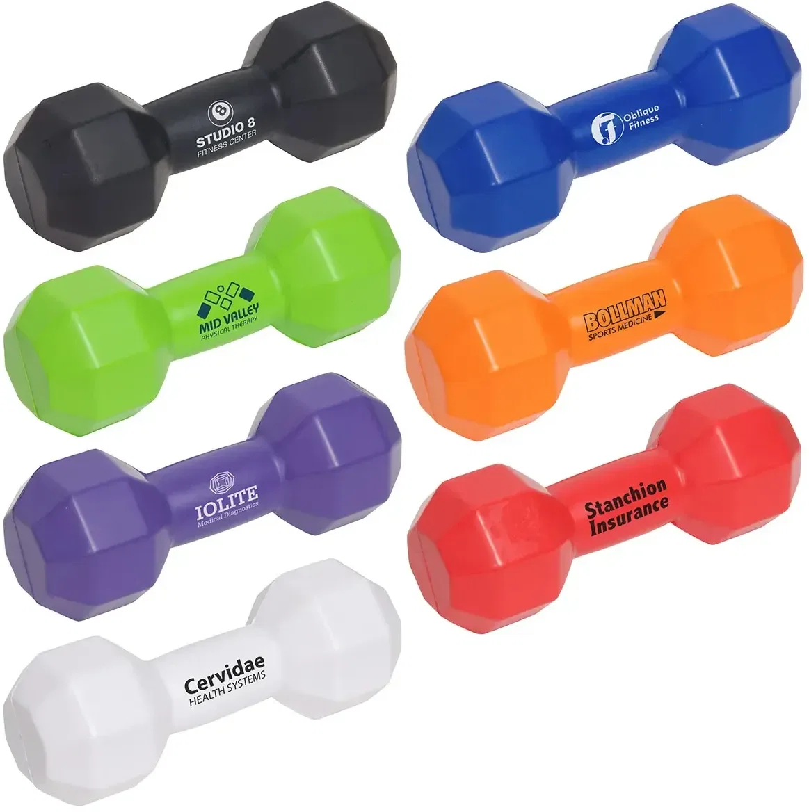 Dumbbell Stress Reliever, custom squeeze toy shaped like a gym dumbbell with branded logo space