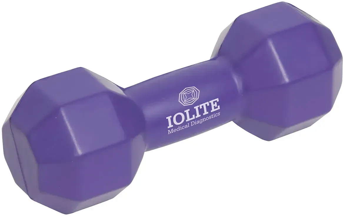 Side view of the branded dumbbell stress ball, a promotional fitness squeeze toy