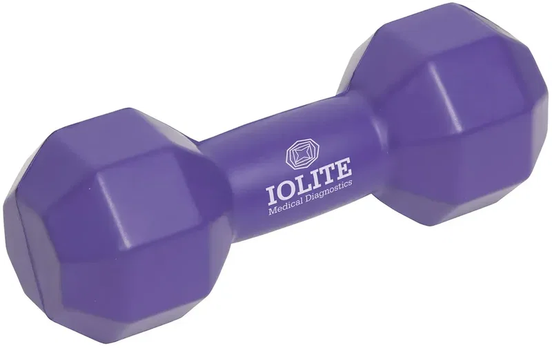 Side view of the branded dumbbell stress ball, a promotional fitness squeeze toy