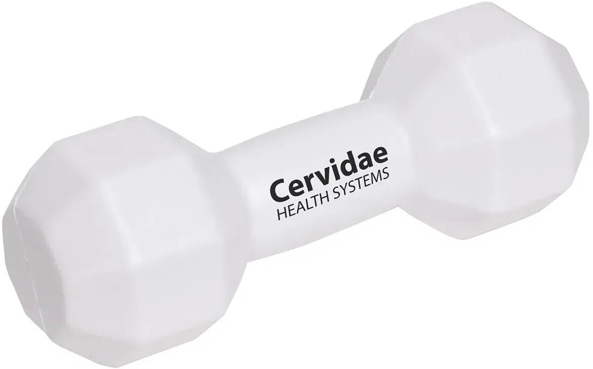 Close-up of the custom dumbbell stress reliever showing soft polyurethane foam and logo area