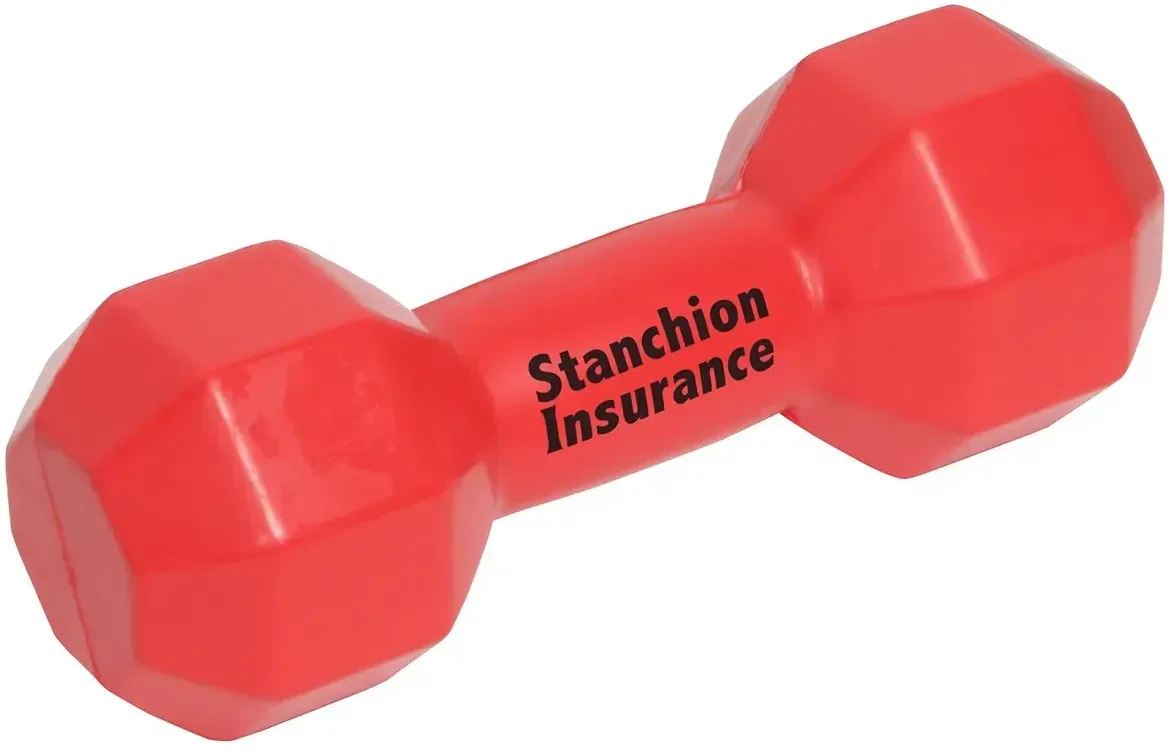 Promotional dumbbell stress ball held in hand to show scale with room for a branded logo