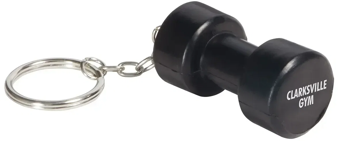Custom Dumbbell Stress Reliever Key Chain, promotional dumbbell foam squeeze toy on a branded key ring