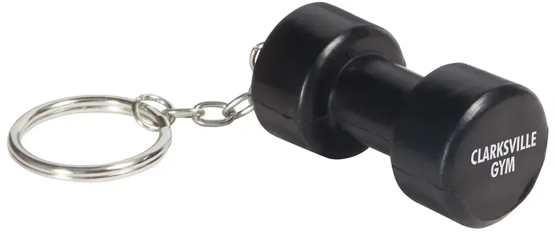 Custom Dumbbell Stress Reliever Key Chain, promotional dumbbell foam squeeze toy on a branded key ring
