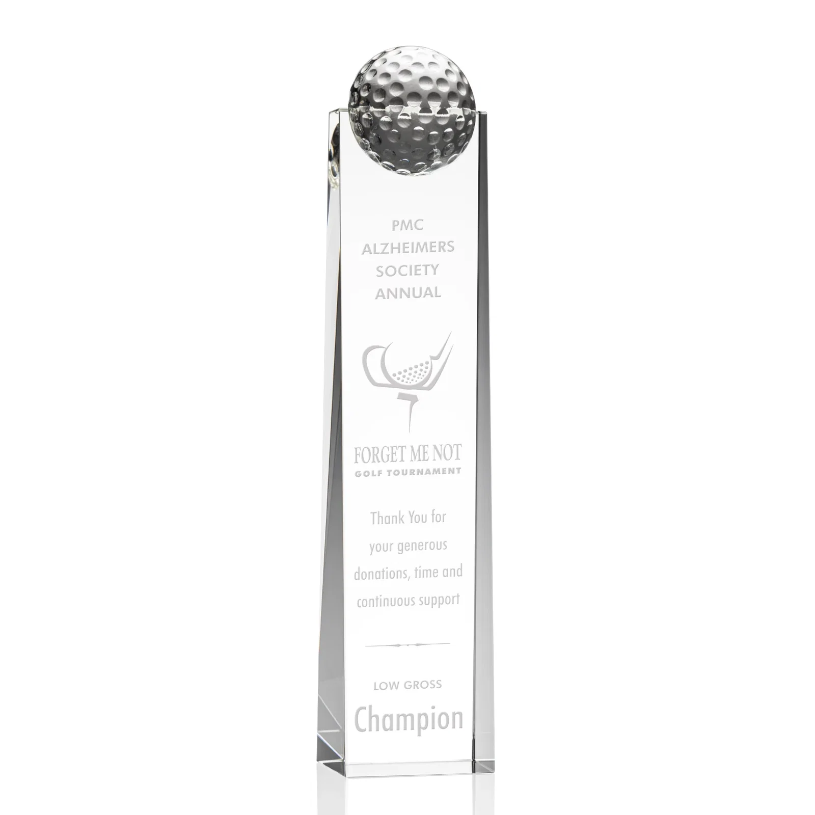 Custom Optical Crystal Tower Award with Domed Ball in 6 to 12 Inch Heights for retirement presentations