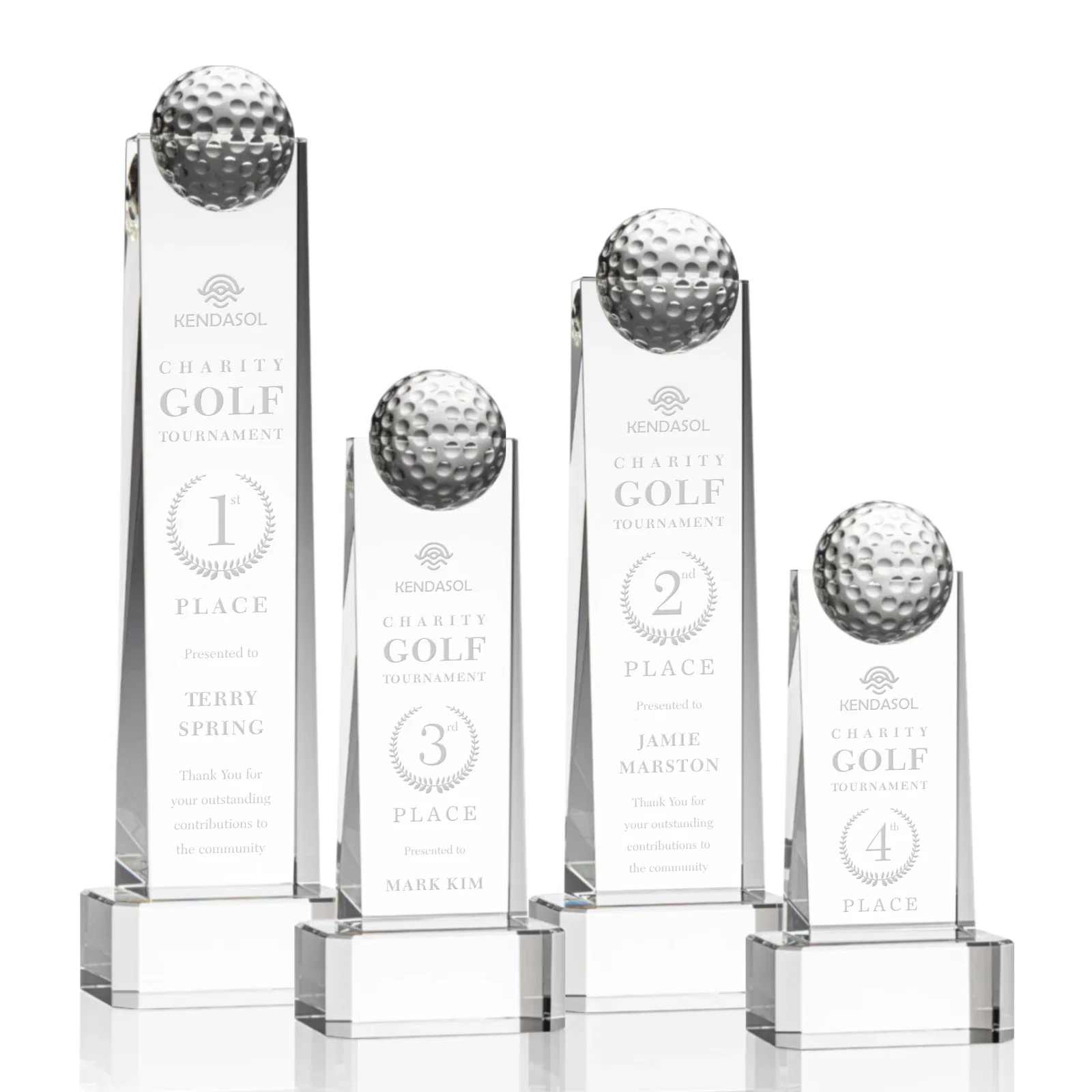 Custom Optical Crystal Tower Golf Award with Domed Ball on Clear Base for employee recognition