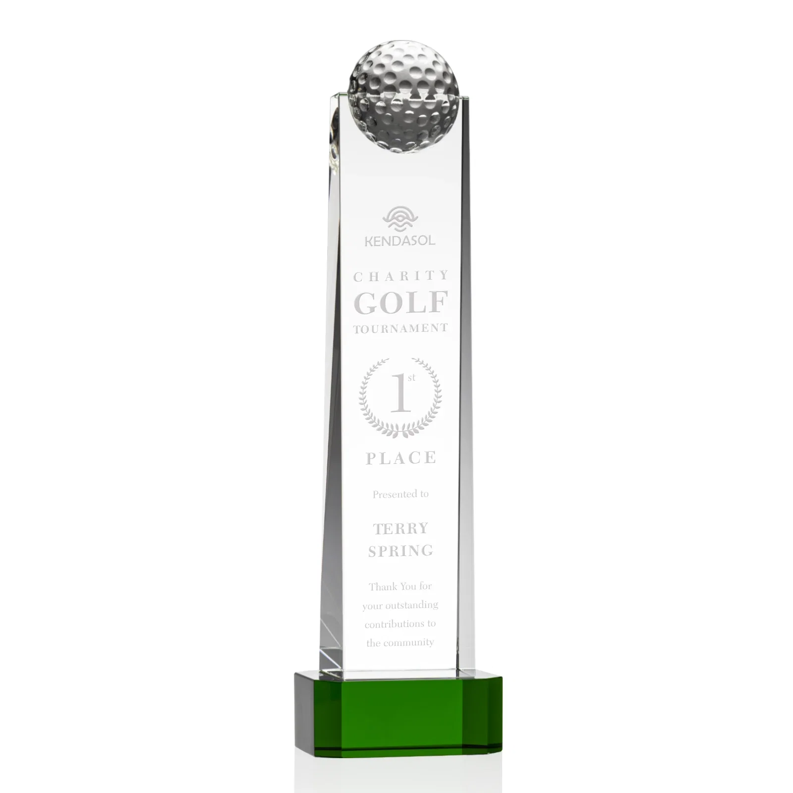 Custom Optical Crystal Tower Golf Award with Domed Ball on Clear Base for volunteer appreciation