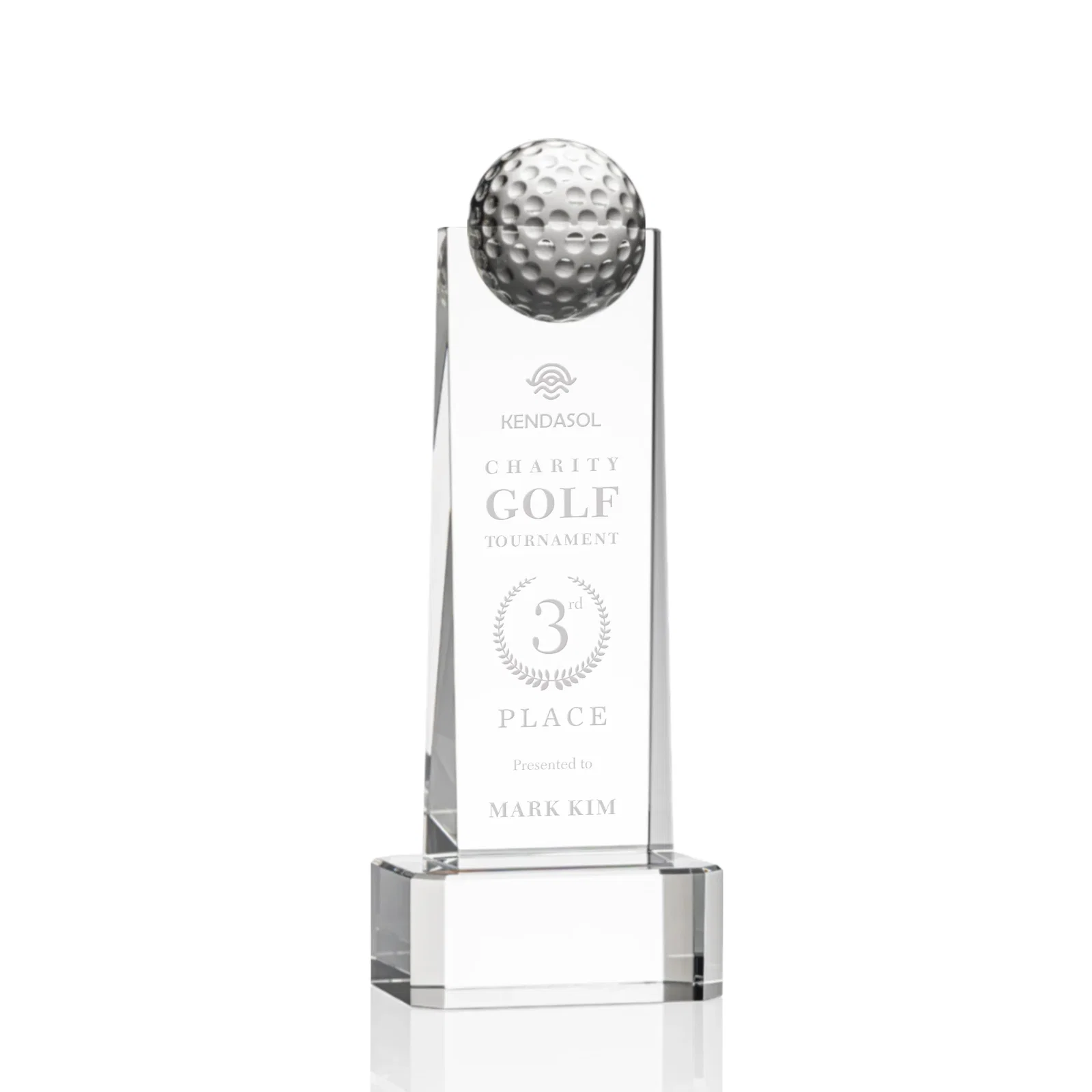 Custom Optical Crystal Tower Golf Award with Domed Ball on Clear Base for service anniversary gifts