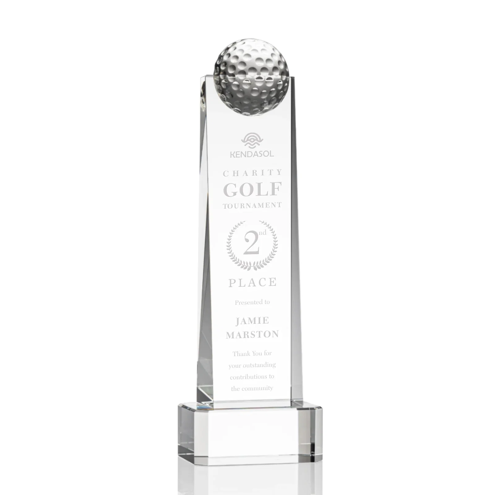 Custom Optical Crystal Tower Golf Award with Domed Ball on Clear Base for sales achievement awards