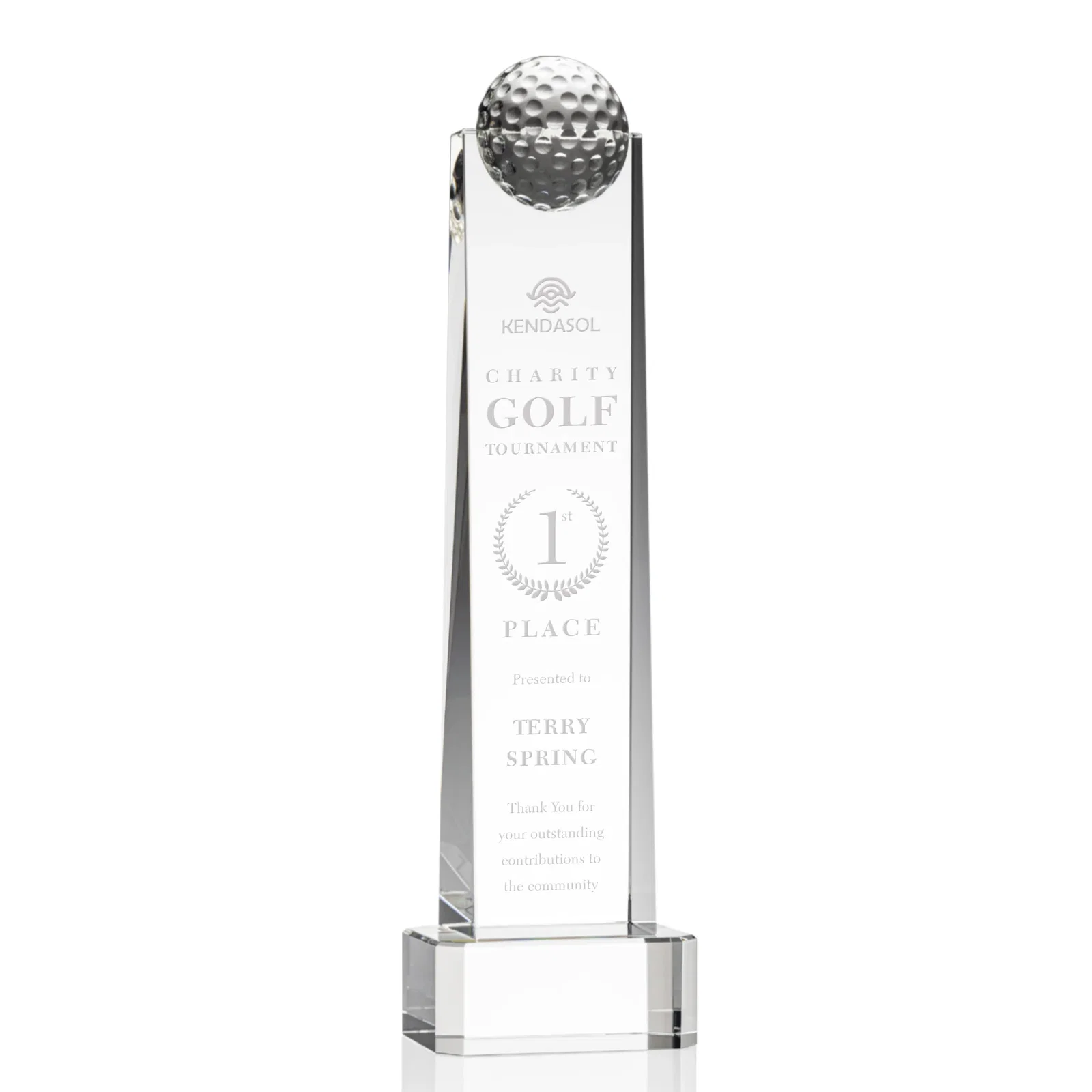 Custom Optical Crystal Tower Golf Award with Domed Ball on Clear Base for retirement presentations