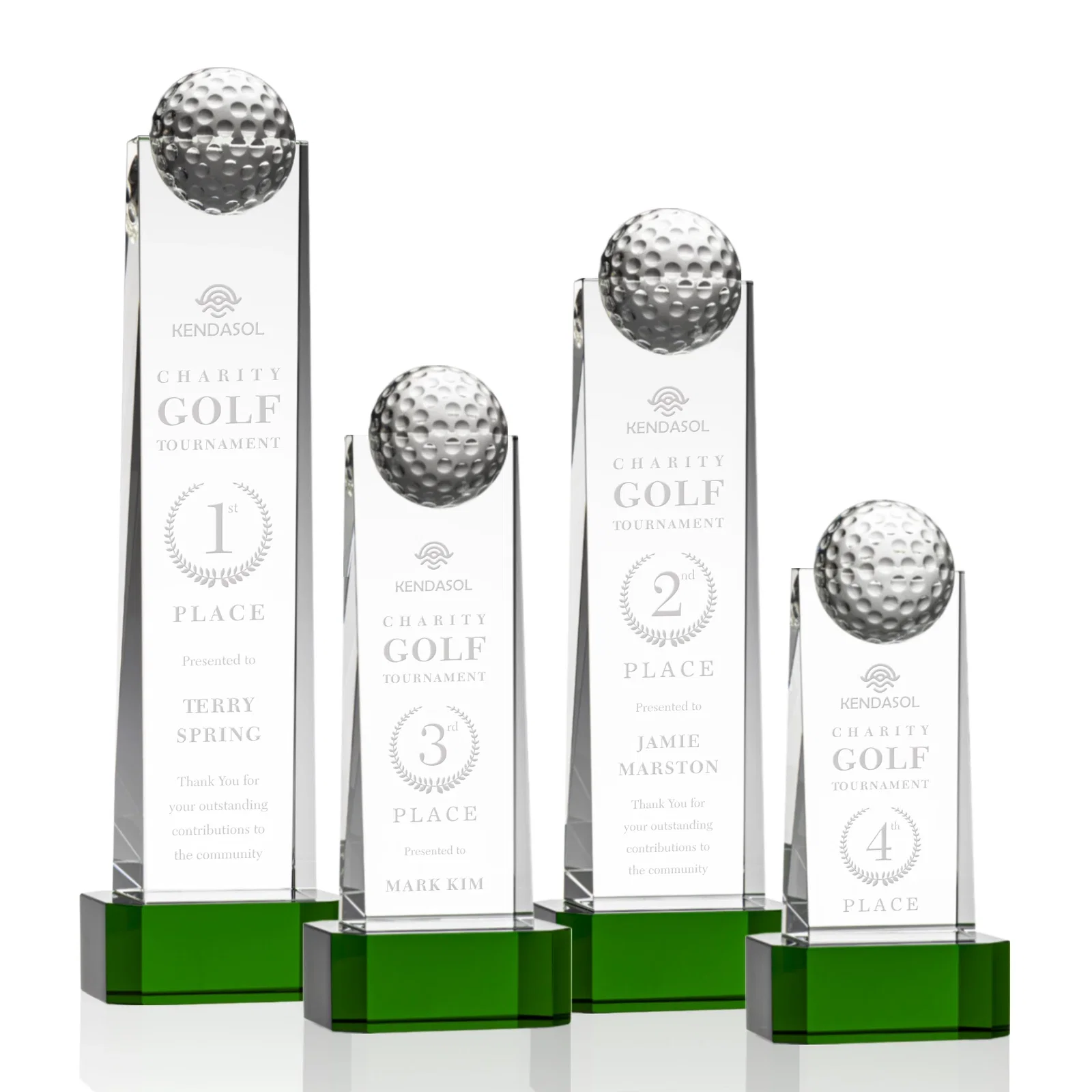 Custom Optical Crystal Tower Golf Award with Domed Ball on Clear Base for team milestone celebrations