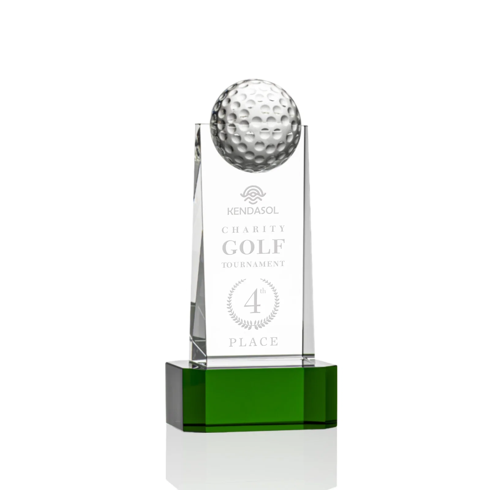 Custom Optical Crystal Tower Golf Award with Domed Ball on Clear Base for donor appreciation
