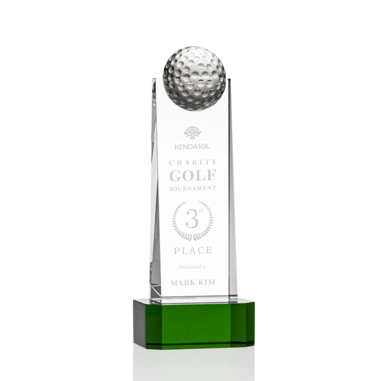 Custom Optical Crystal Tower Golf Award with Domed Ball on Clear Base for graduation ceremonies