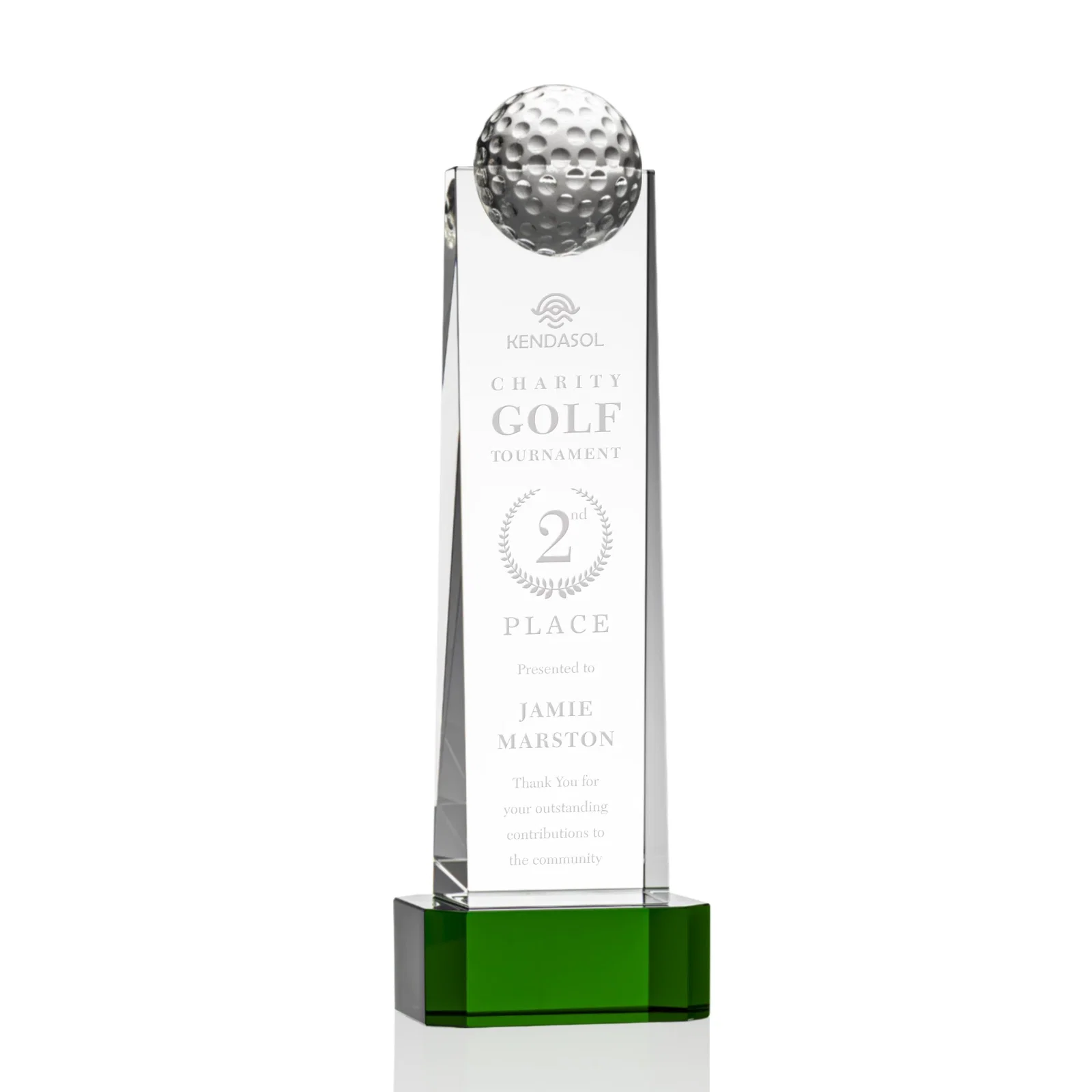 Custom Optical Crystal Tower Golf Award with Domed Ball on Clear Base for safety achievement programs