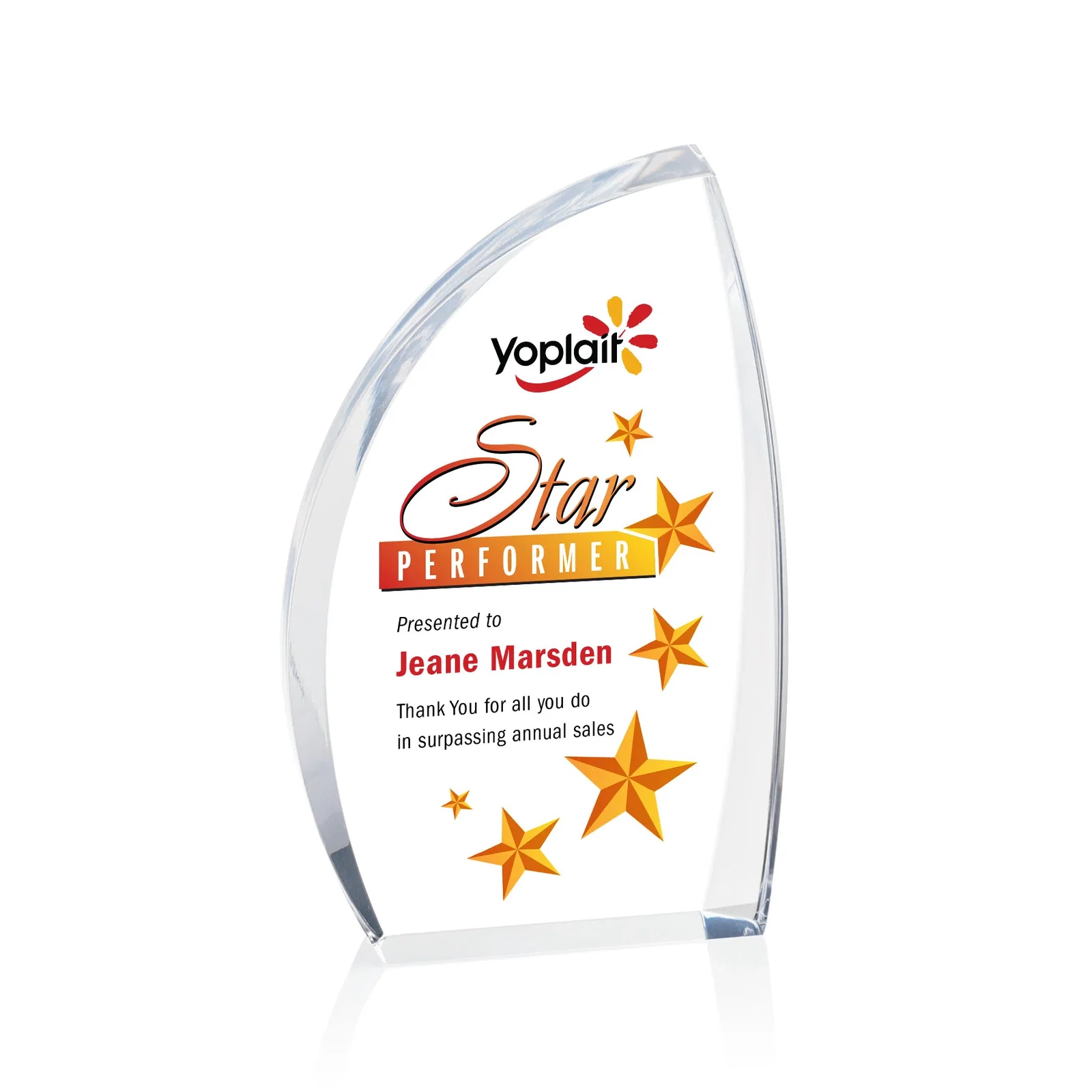 Personalized Clear Acrylic Award with Side Peak and Black Backing for corporate award ceremonies