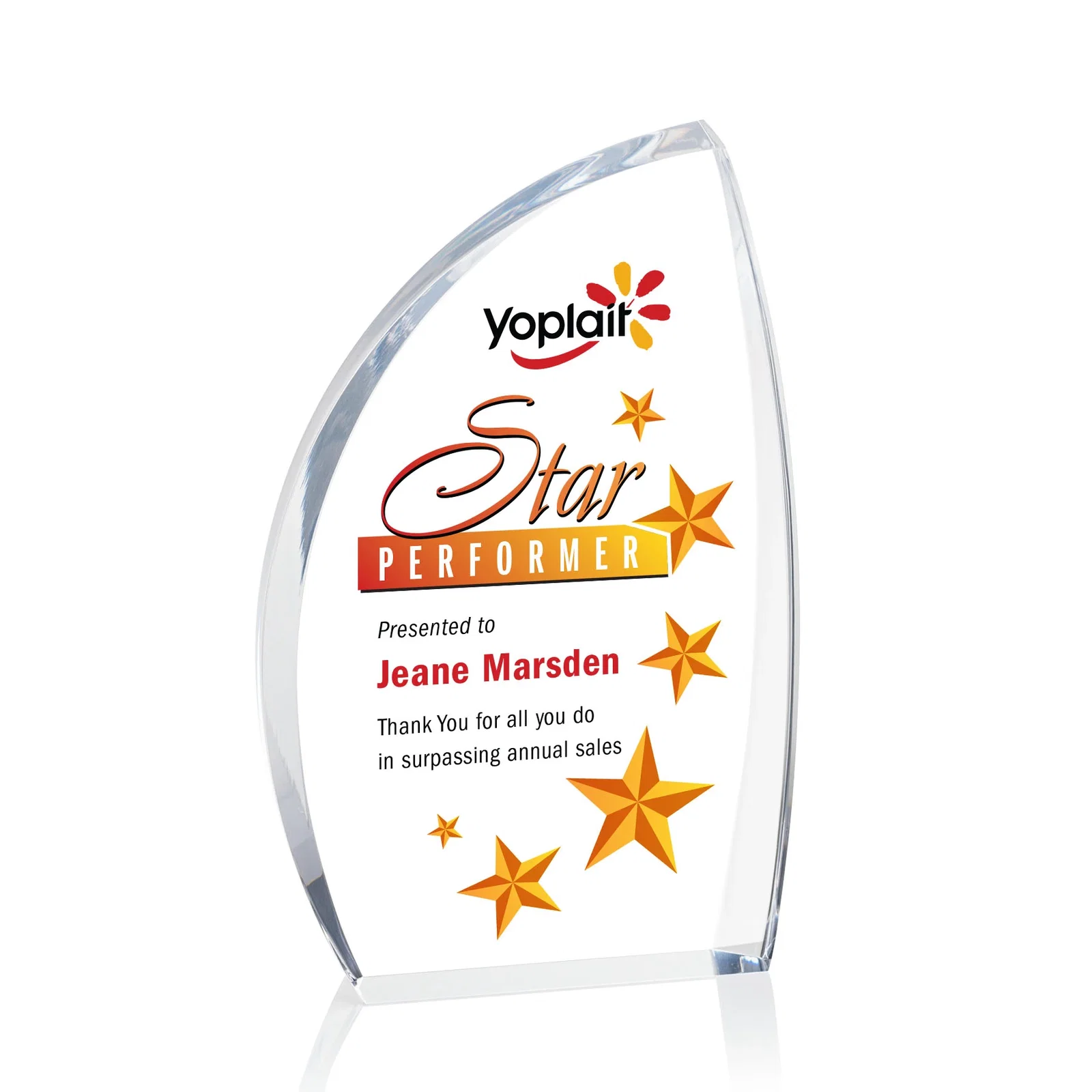 Personalized Clear Acrylic Award with Side Peak and Black Backing for service anniversary gifts
