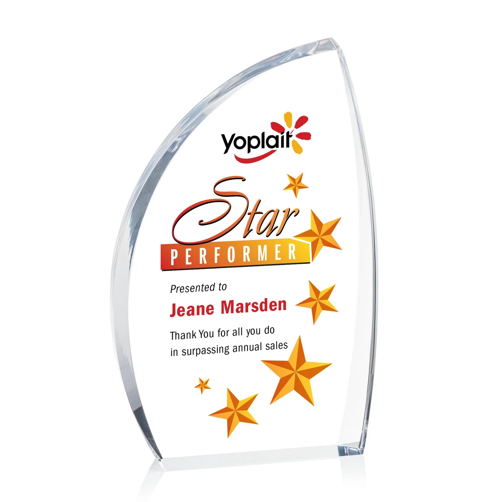 Personalized Clear Acrylic Award with Side Peak and Black Backing for sales achievement awards