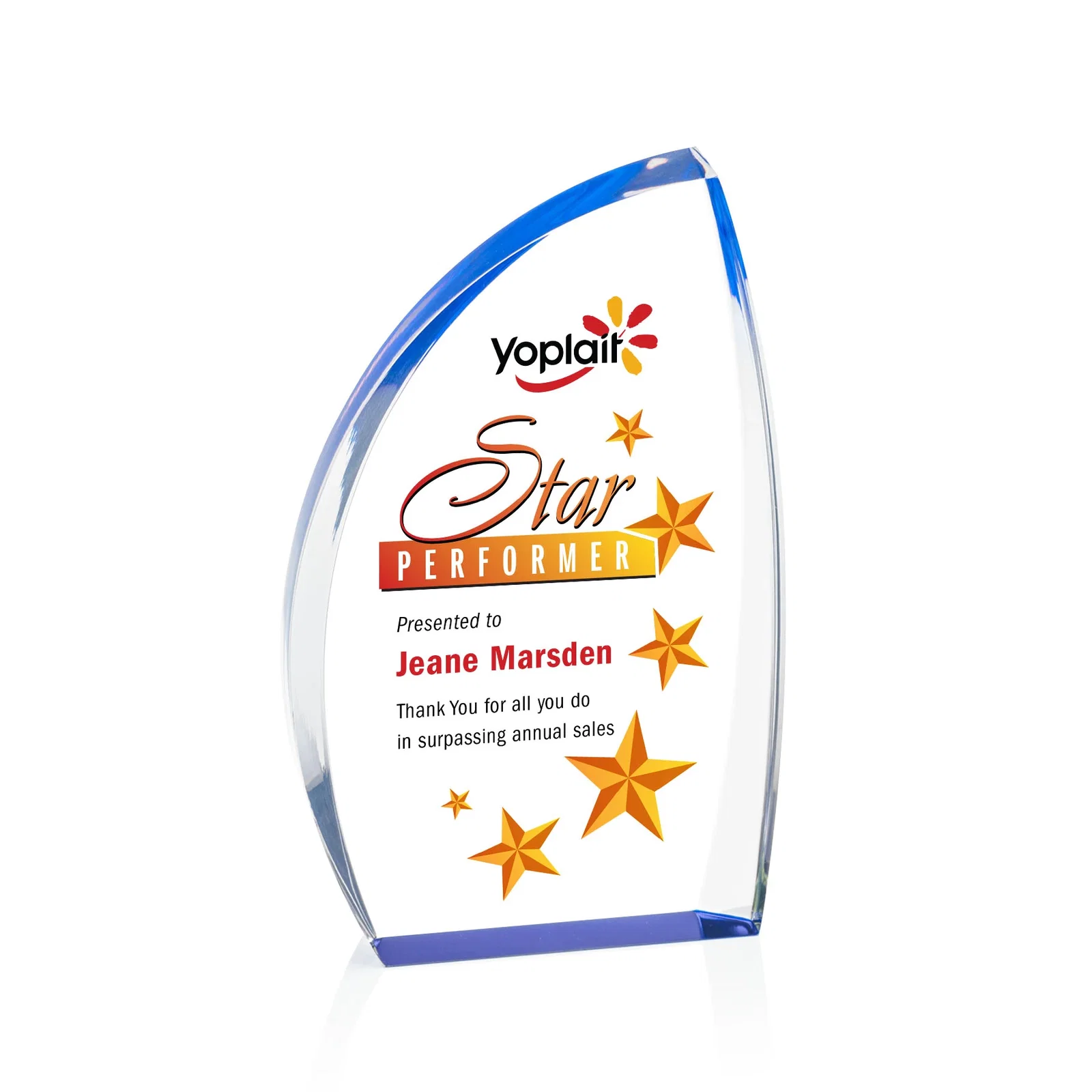 Personalized Clear Acrylic Award with Side Peak and Black Backing for team milestone celebrations
