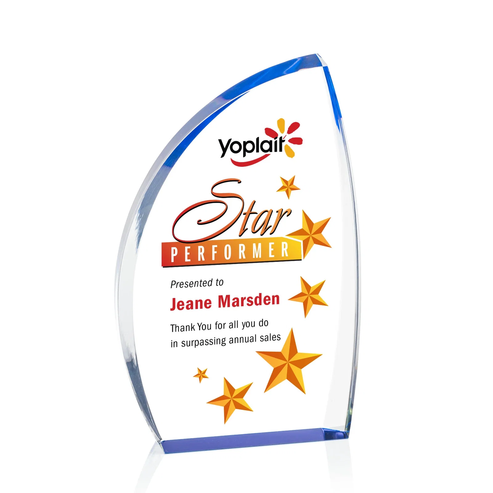 Personalized Clear Acrylic Award with Side Peak and Black Backing for donor appreciation