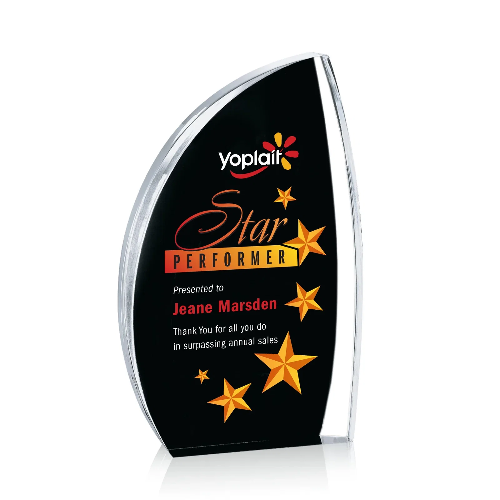 Personalized Clear Acrylic Award with Side Peak and Black Backing for dealer and partner awards