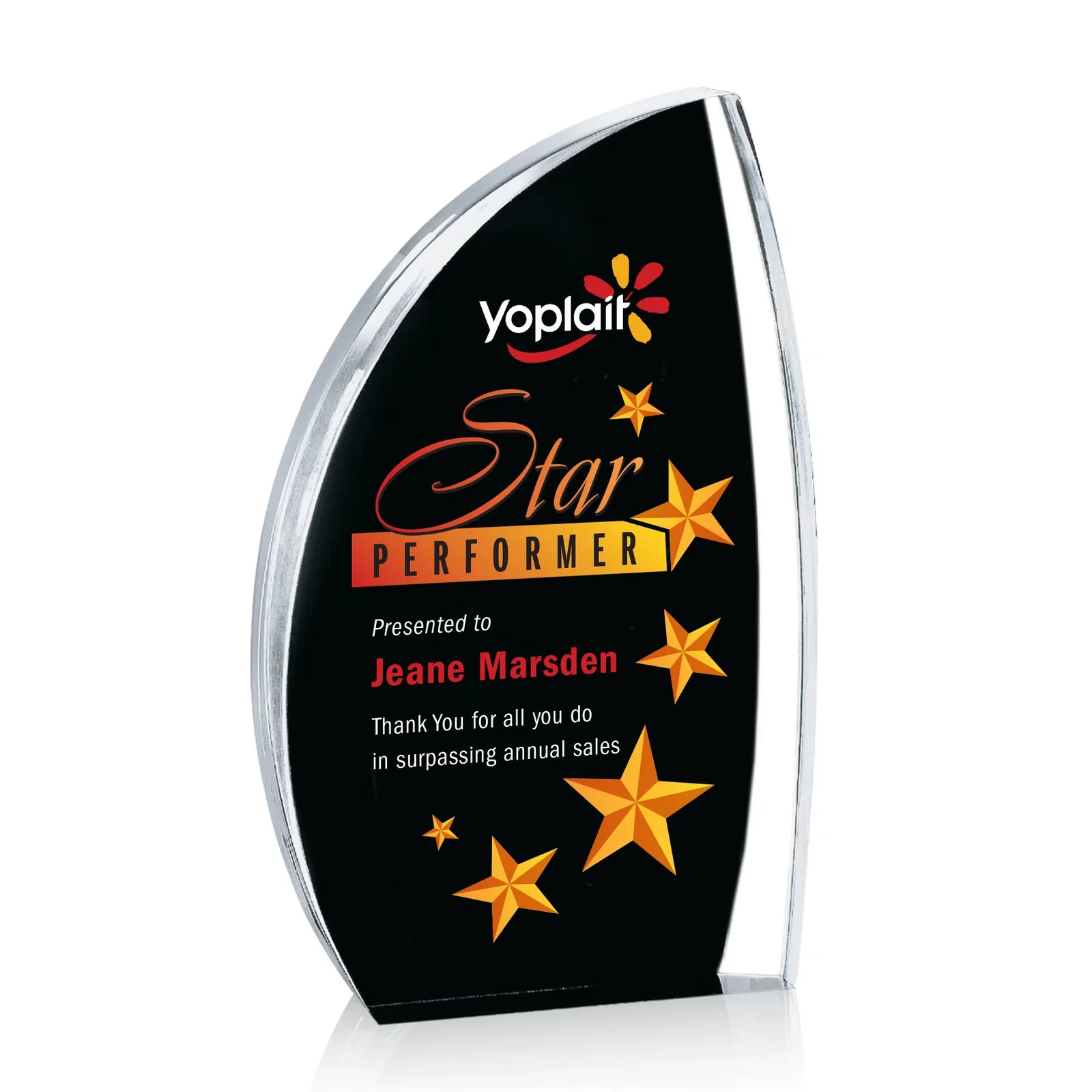 Personalized Clear Acrylic Award with Side Peak and Black Backing for company anniversary events