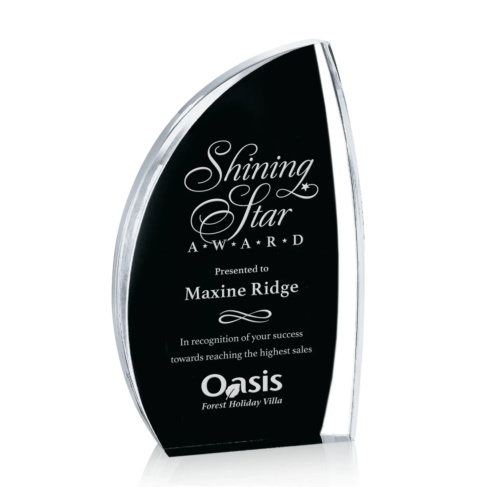 Custom Clear Acrylic Award with Side Peak and Black Backing for sales achievement awards