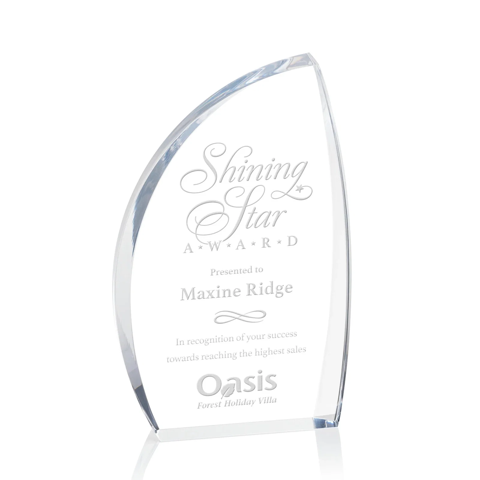 Custom Clear Acrylic Award with Side Peak and Black Backing for donor appreciation