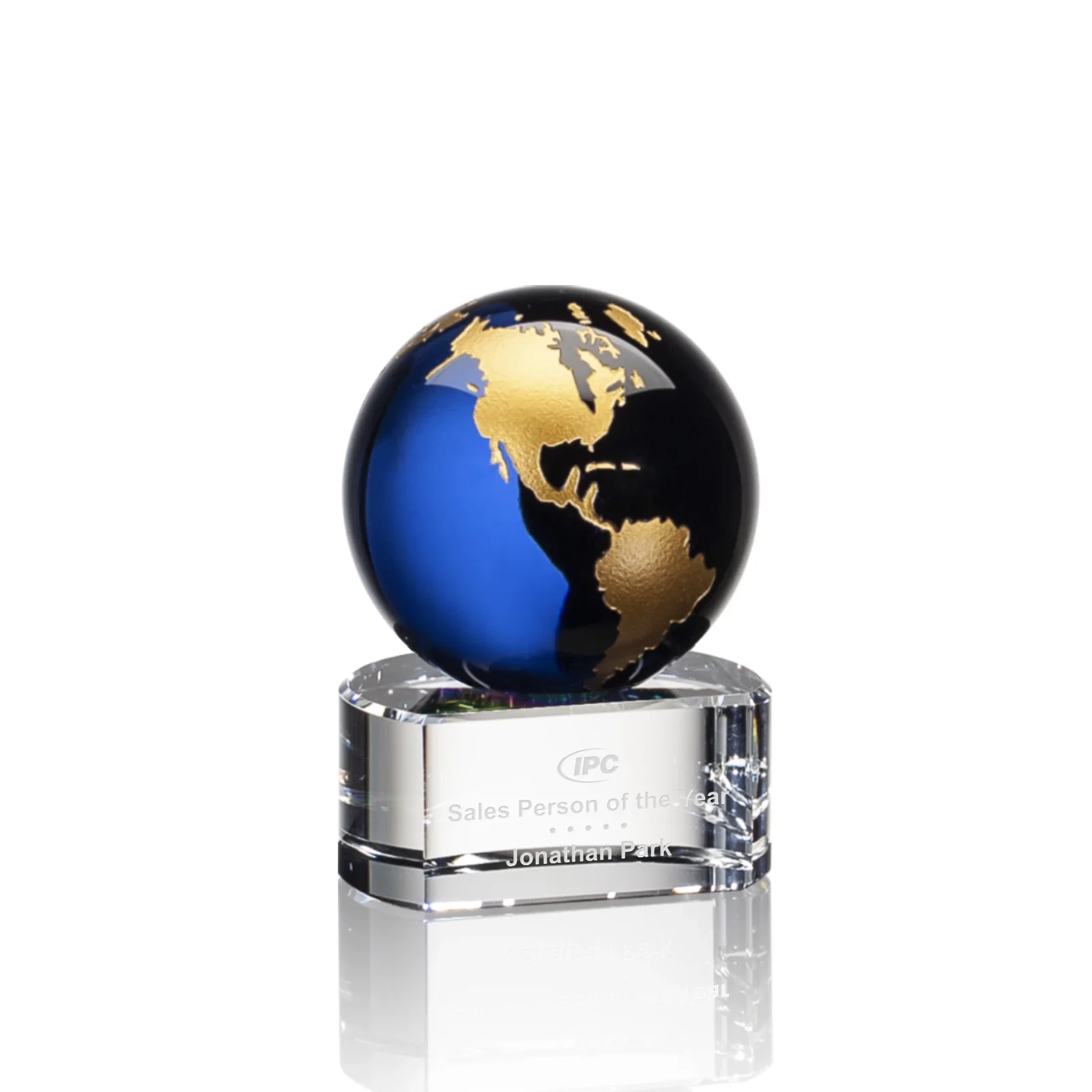 Custom Color-Filled Continent Crystal Globe Award on Paragon Base for volunteer appreciation