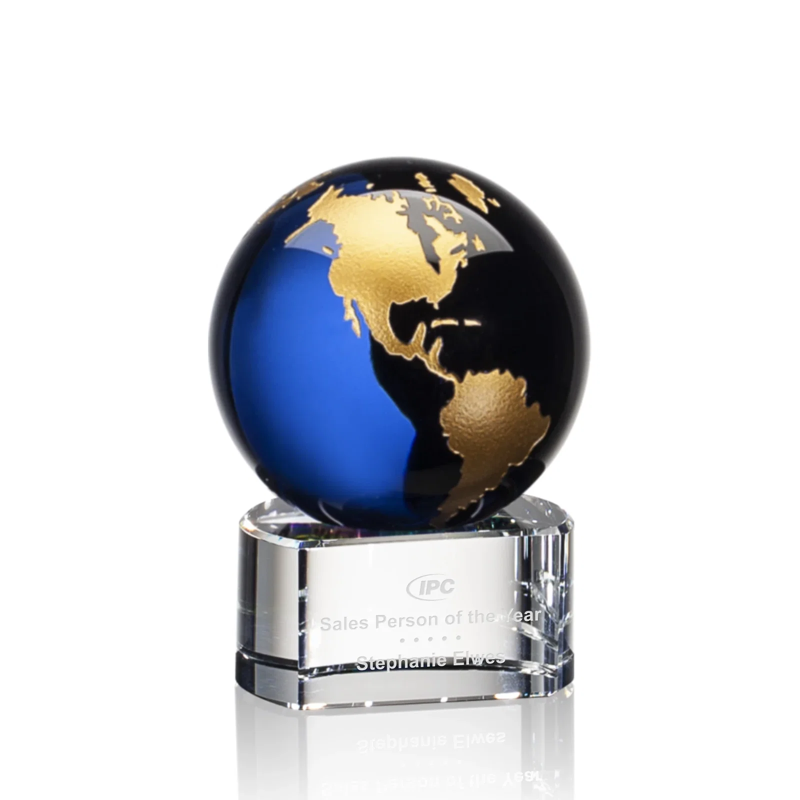 Custom Color-Filled Continent Crystal Globe Award on Paragon Base for dealer and partner awards