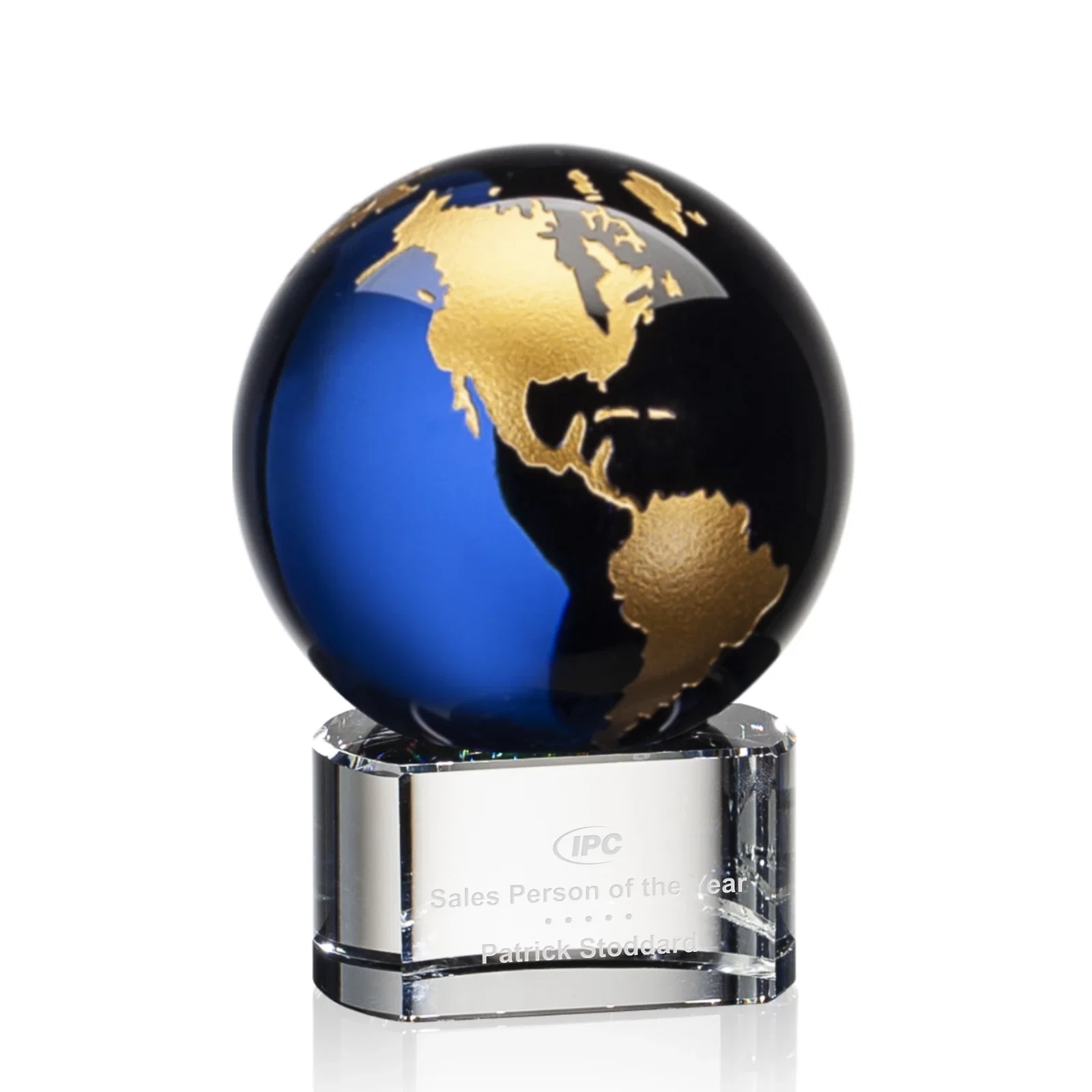 Custom Color-Filled Continent Crystal Globe Award on Paragon Base for company anniversary events