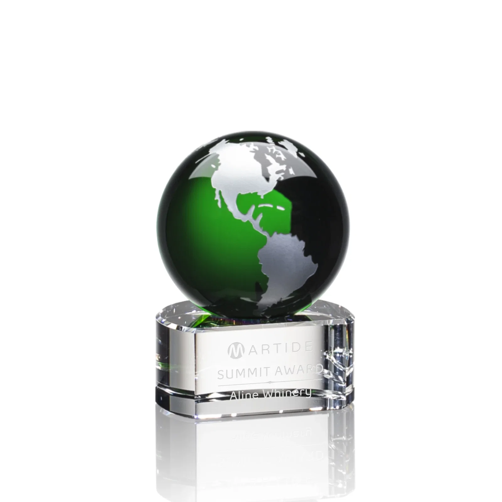 Personalized Color-Filled Continent Crystal Globe Award on Paragon Base for employee recognition