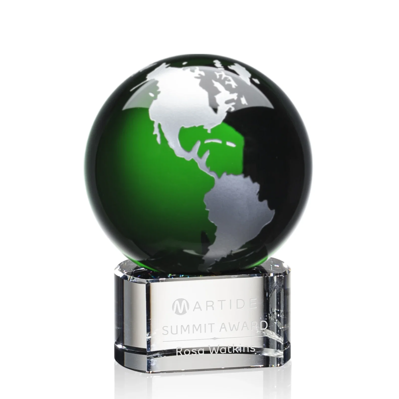 Personalized Color-Filled Continent Crystal Globe Award on Paragon Base for service anniversary gifts