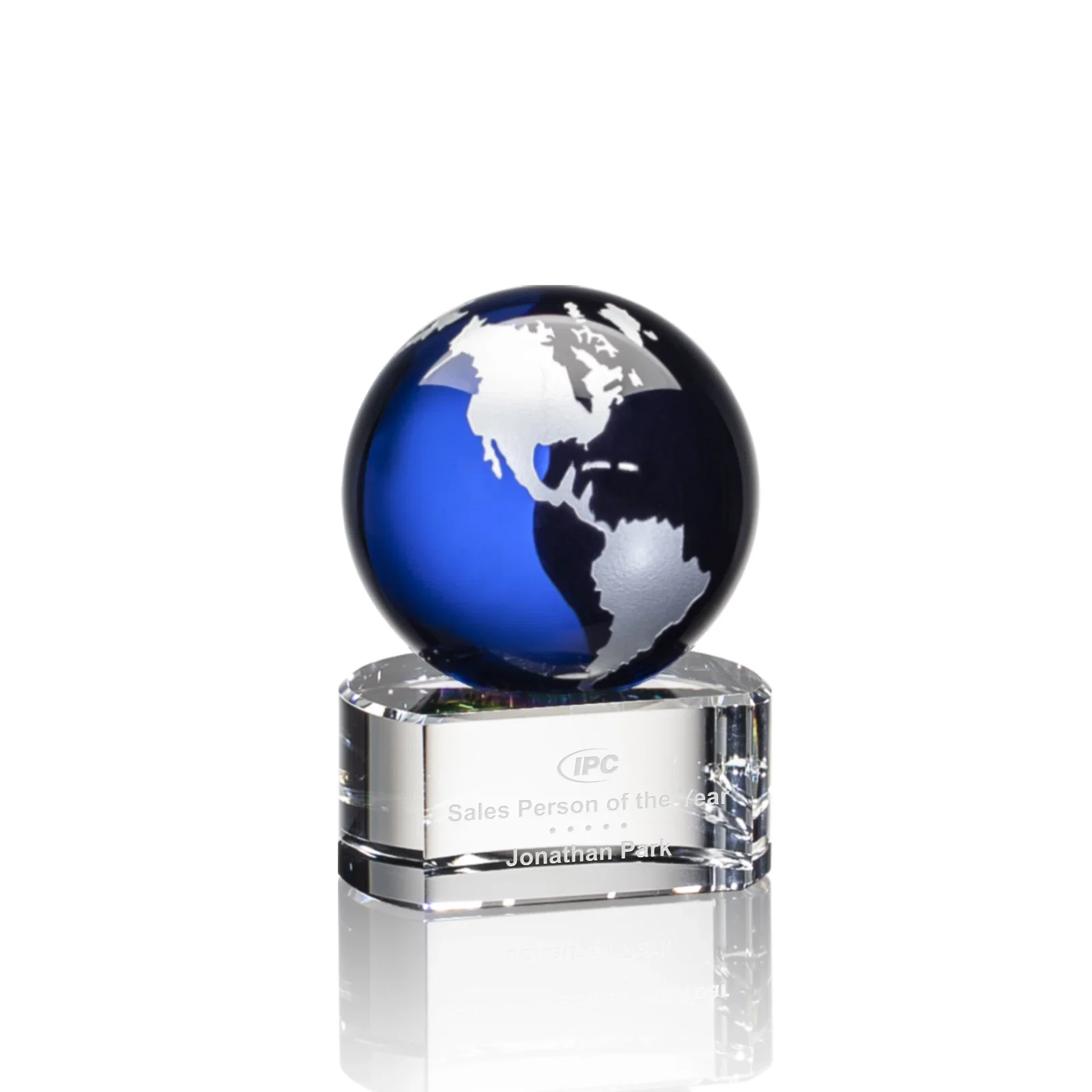 Personalized Color-Filled Continent Crystal Globe Award on Paragon Base for donor appreciation