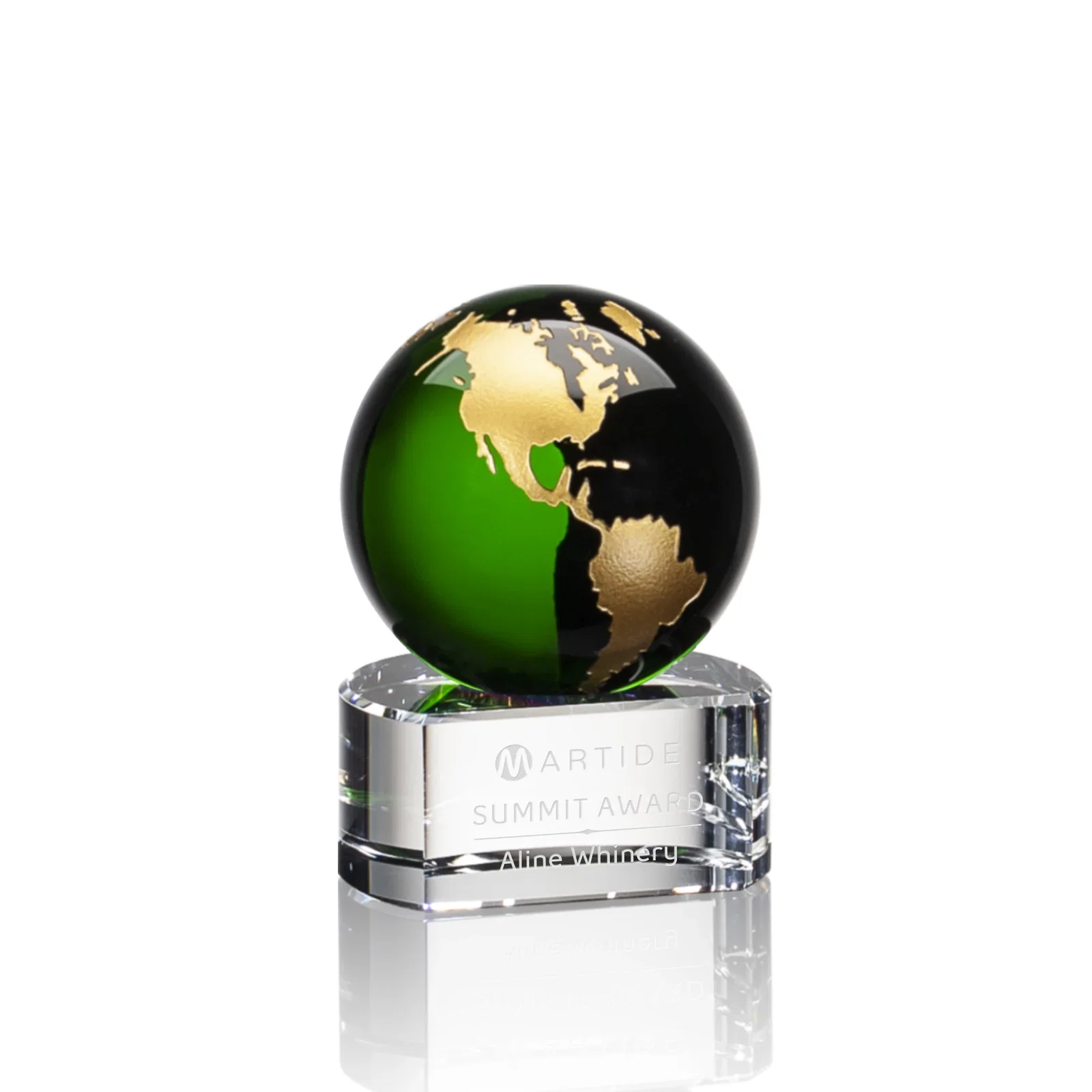 Custom Color-Filled Continent Crystal Globe Award on Paragon Base for corporate award ceremonies