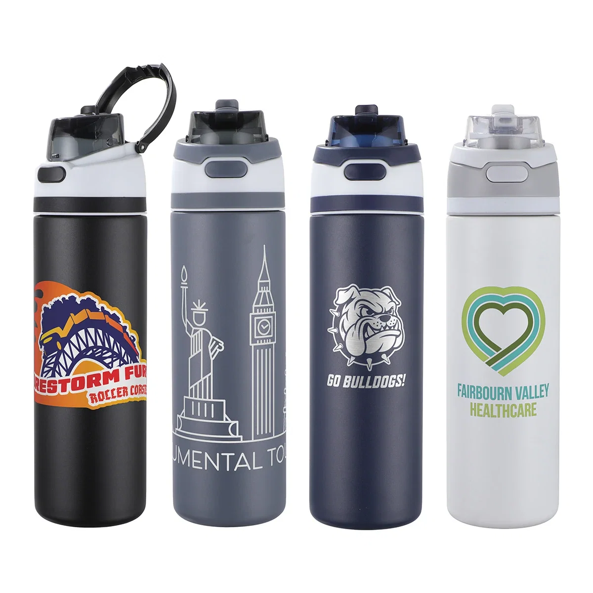 Custom Dunes 24 oz 2-in-1 Vacuum Insulated Stainless Steel Bottle, front view of the branded bottle