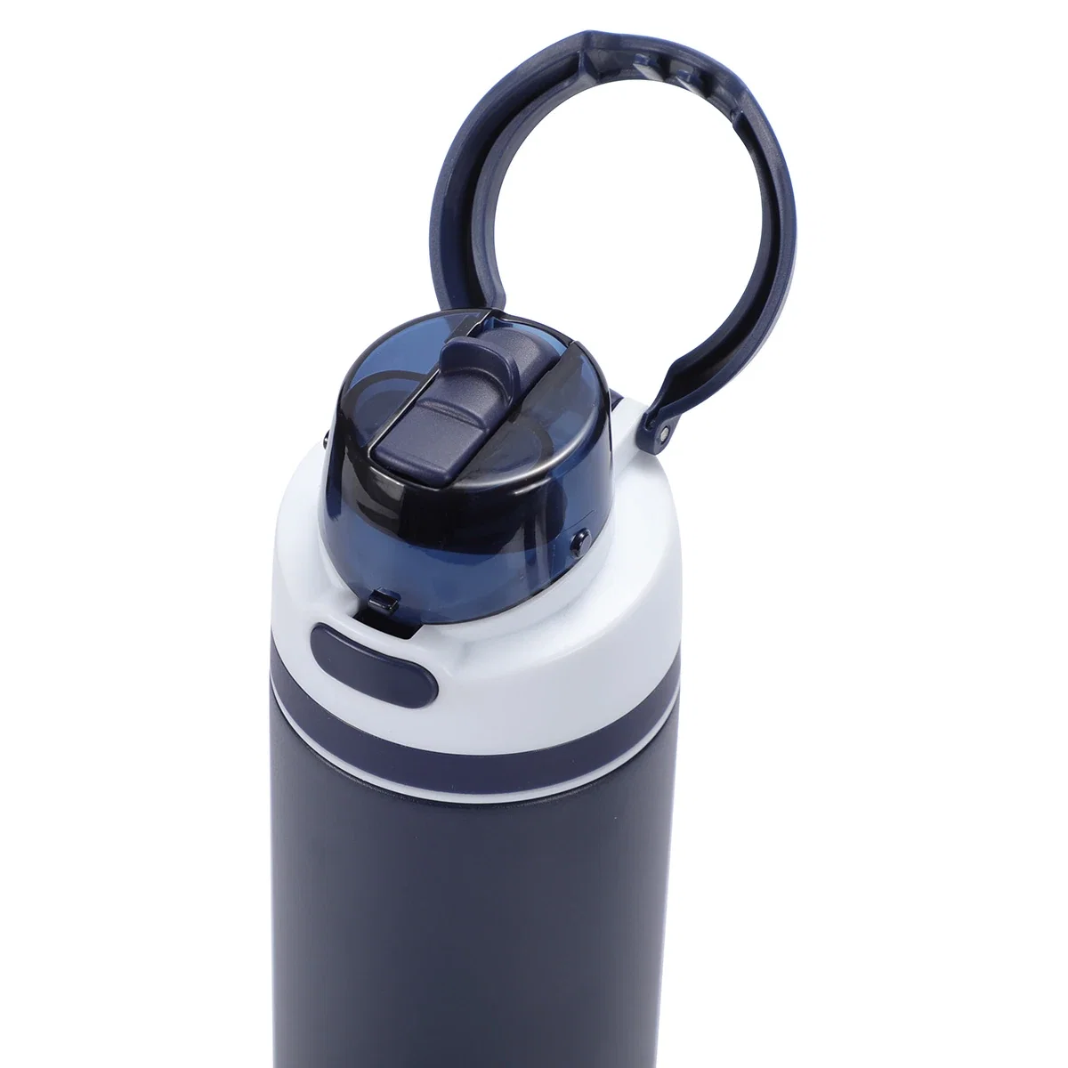 Promotional Dunes 24 oz bottle in use, branded stainless steel bottle on a desk