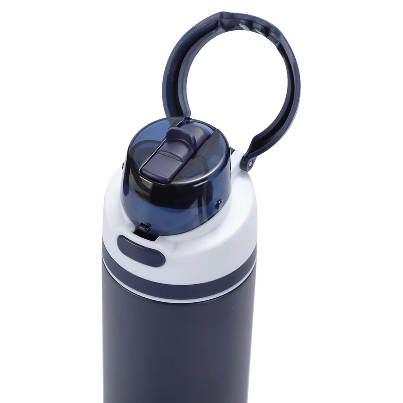 Promotional Dunes 24 oz bottle in use, branded stainless steel bottle on a desk