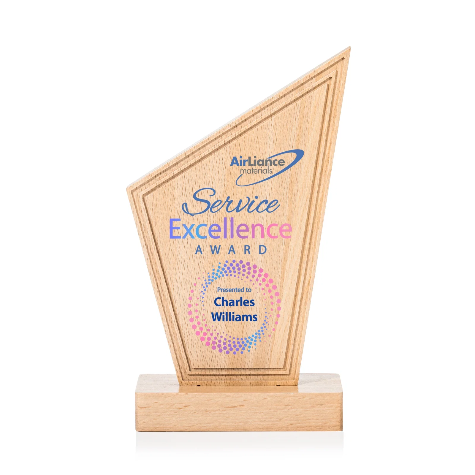 Custom Beechwood Peak Award with Lined Groove Edge for dealer and partner awards