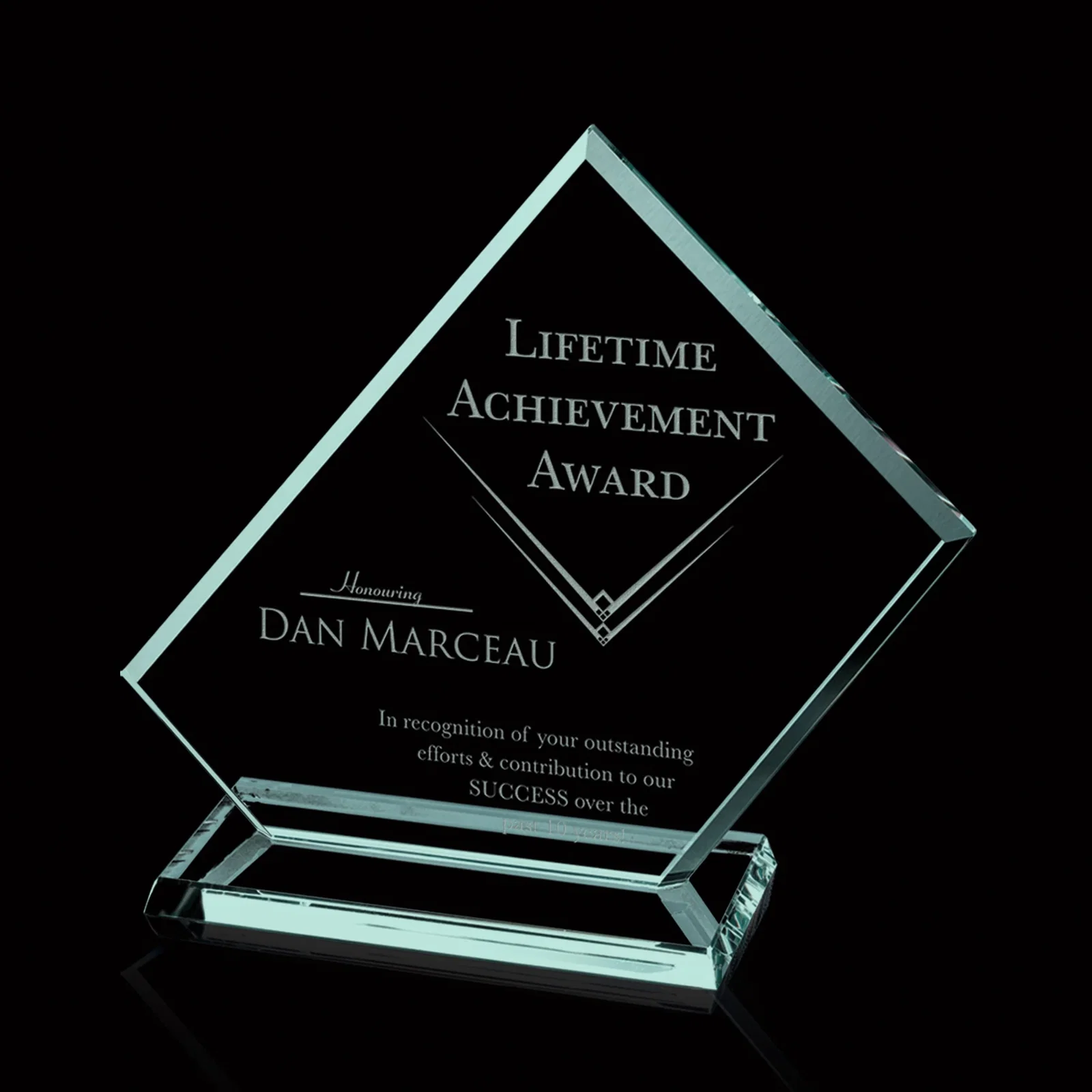 Custom Jade Glass Rectangle Award With An Angled Cut Corner for service anniversary gifts