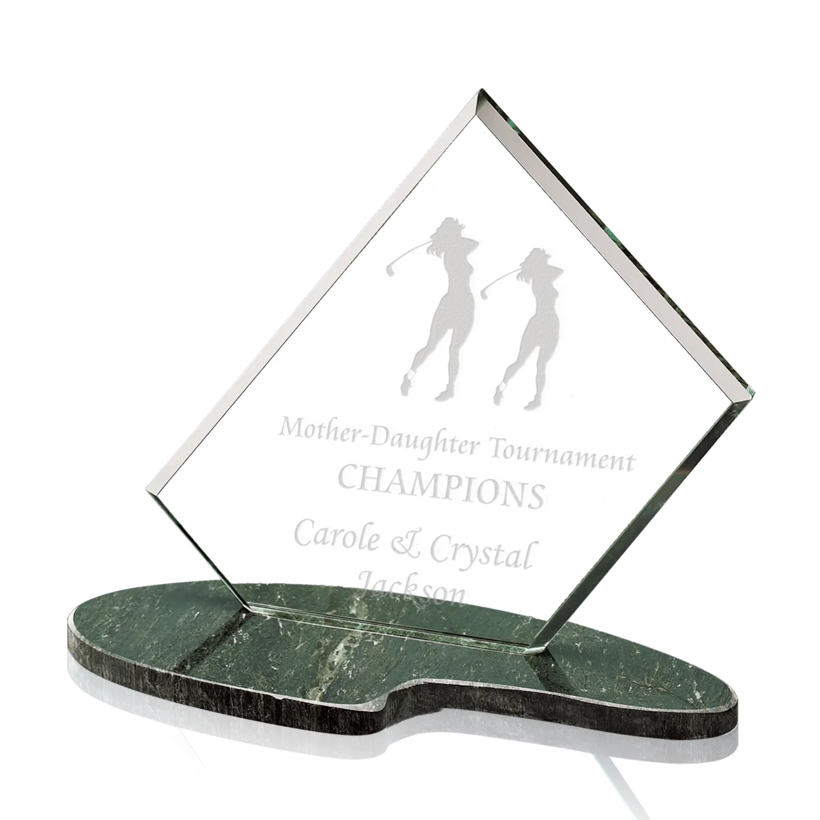 Custom Jade Glass Golf Award on a Green Marble Fairway-Shaped Base for employee recognition