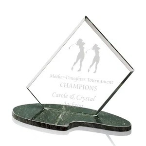 Jade Glass Golf Award on a Green Marble Fairway-Shaped Base