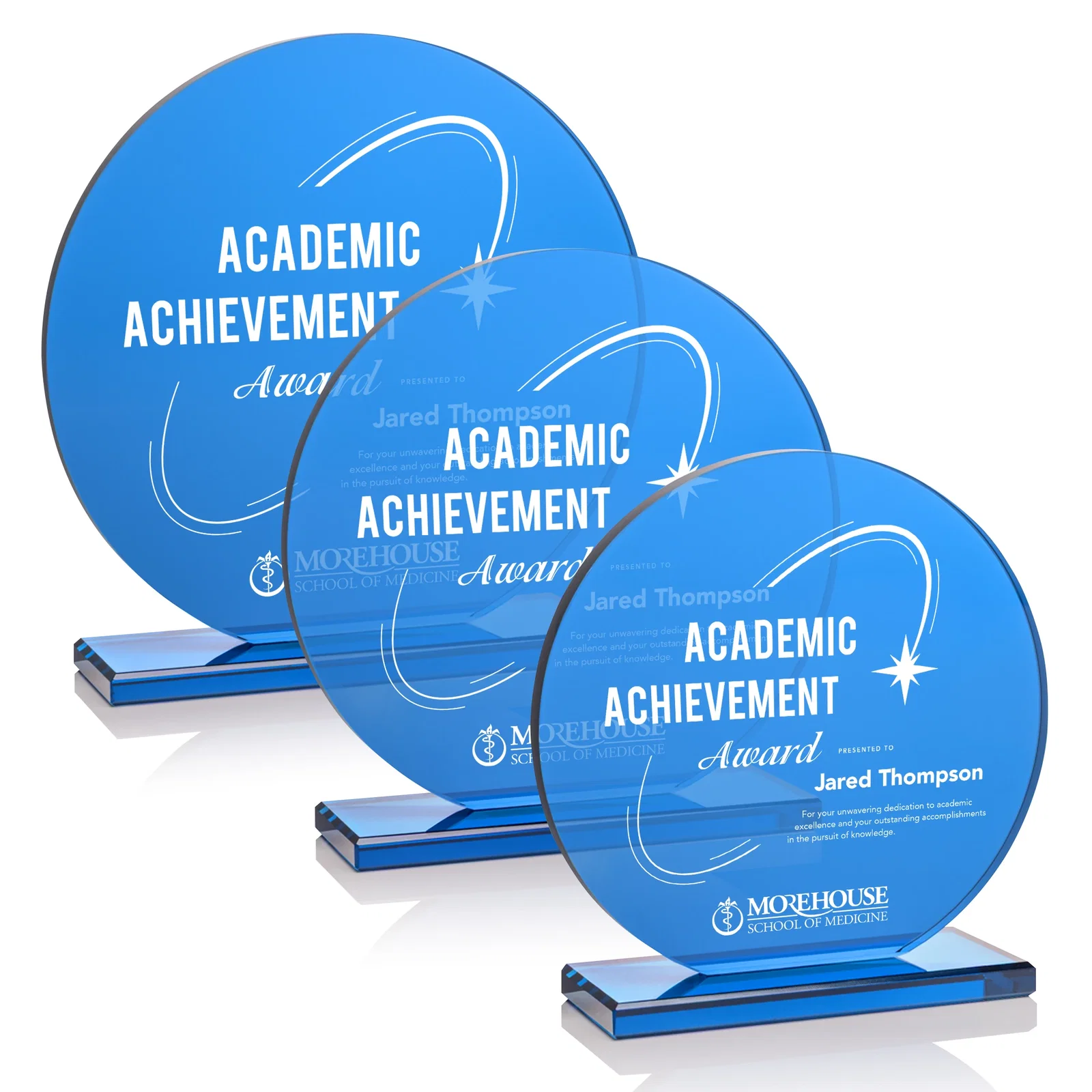 Custom Blue Glass Circle Award on a Matching Blue Base for employee recognition